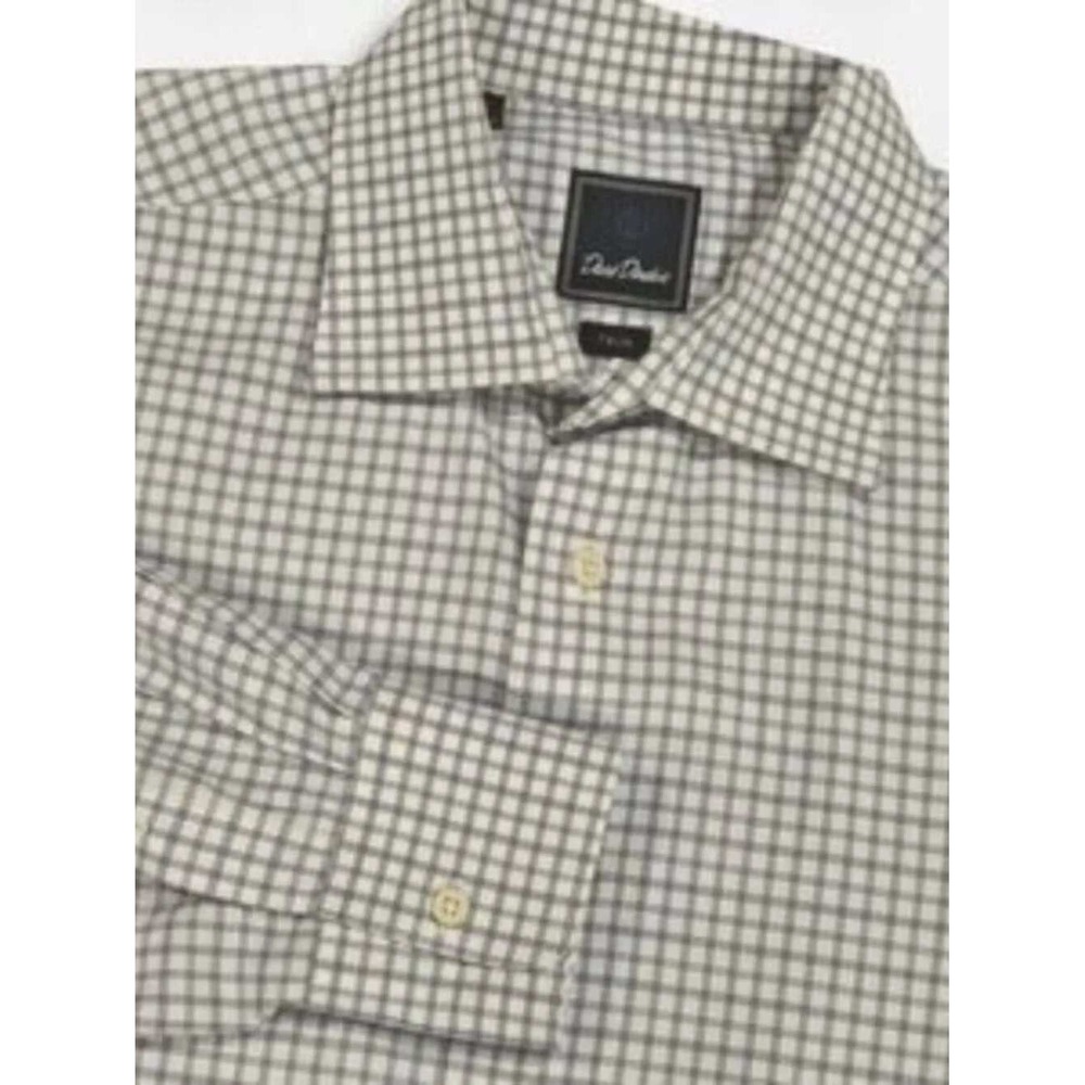 David Donahue Mens 17.5 32/33 Trim Fit Cotton Check Button Up Dress Shirt Blue